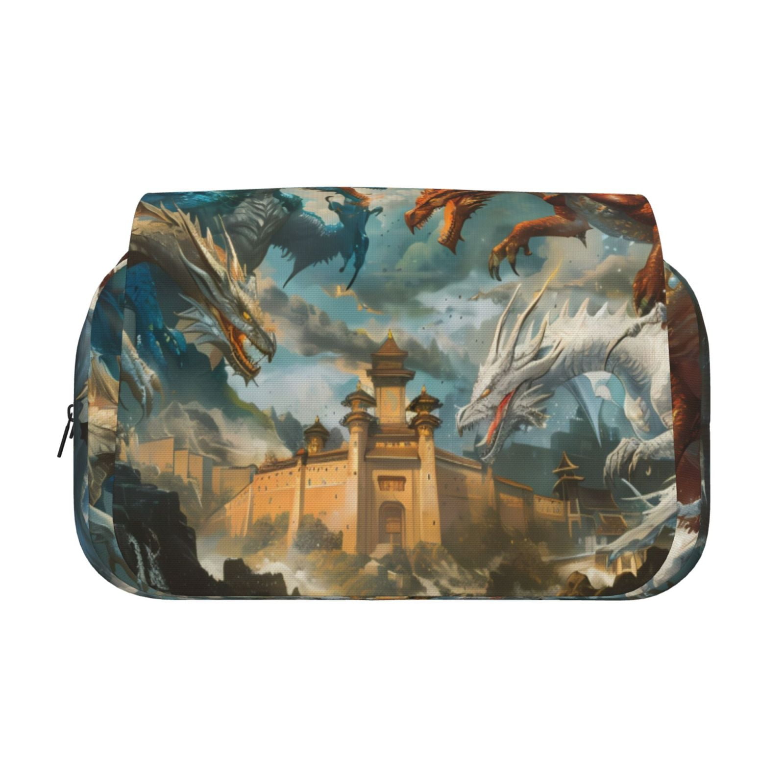 Rateoe Red Blue Dragon Battle Epic Pattern Double Clamshell Pen Case, Storage Organizer with Two Zipper Compartments– Holds Up to 50 Pencils & Pens