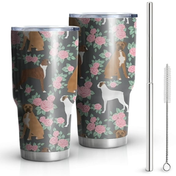 30oz Cute Boxer Dog and Flowers Florals Tumblers Stainless Steel Tumbler with Lid and Straw,Vacuum Insulated Double Wall Travel Tumbler Cups Mug with Cleaning Brush for Coffee,Tea