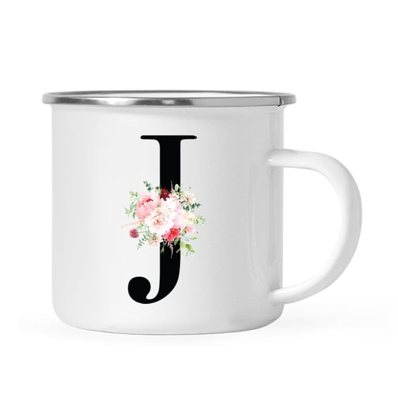 Koyal Wholesale Stainless Steel Campfire Coffee Mug, Blush Floral Monogram, Letter J