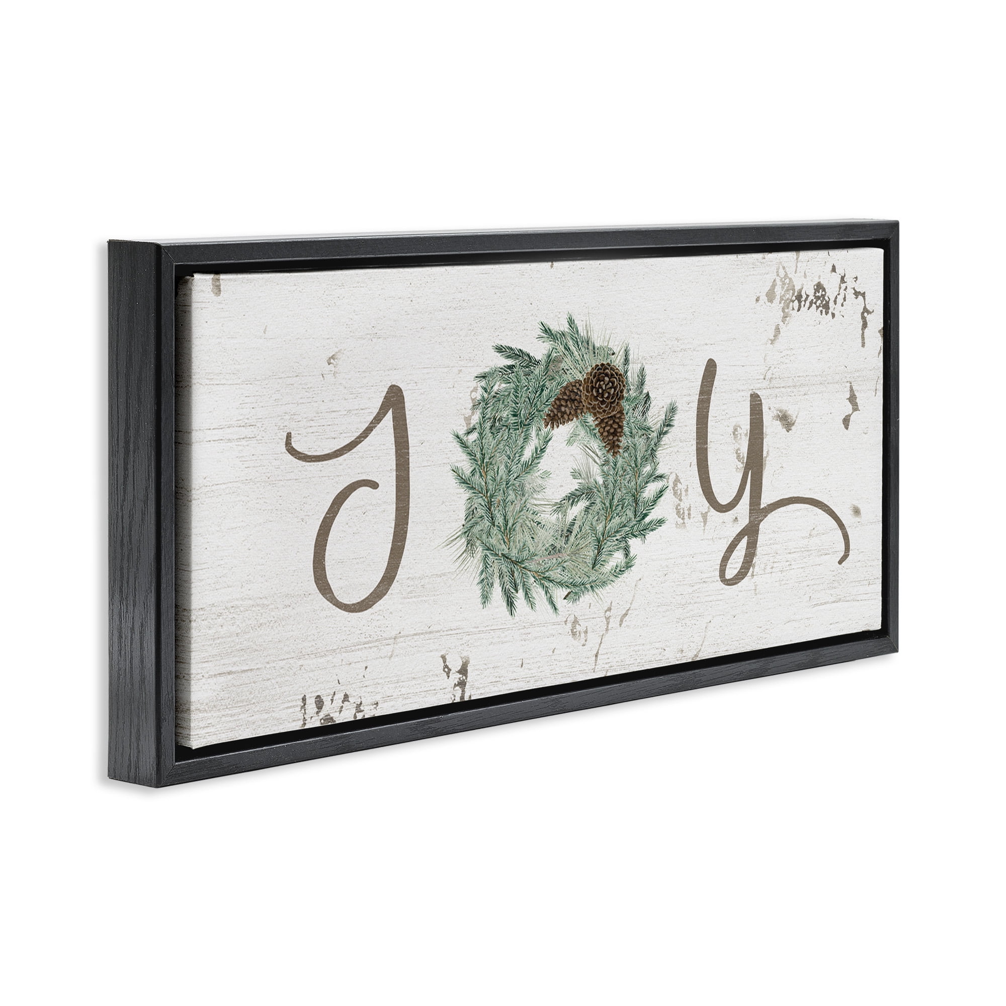 Stupell Industries Country Inspired Joy Wreath Holiday Painting Black Floater Framed Canvas Art Print Wall Art, 31 x 14