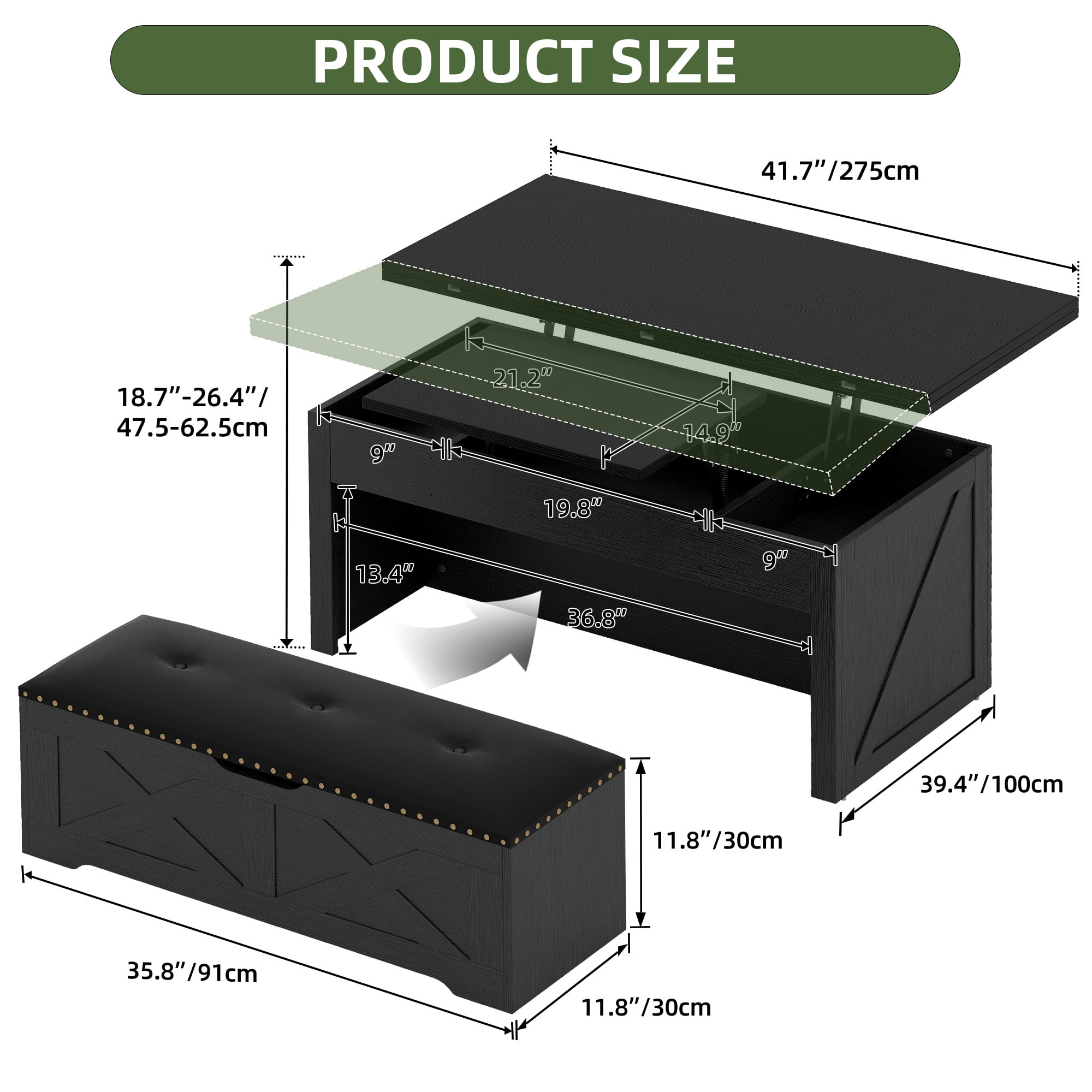 Uforic Wood Lift Top Coffee Table with Rolling Ottoman Storage Bench, Black