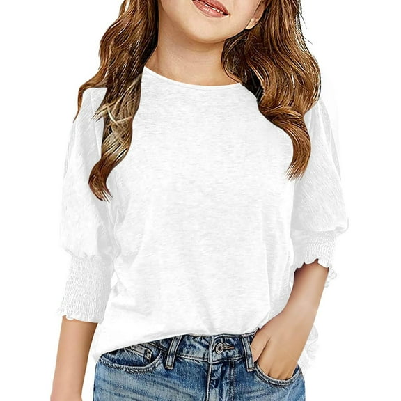 LTTVQM Girls Shirts 3/4 Sleeve Cute Ruffle Cuffs Tops Loose Fit Crew Neck Trendy Solid Color Tee White Size 8-10