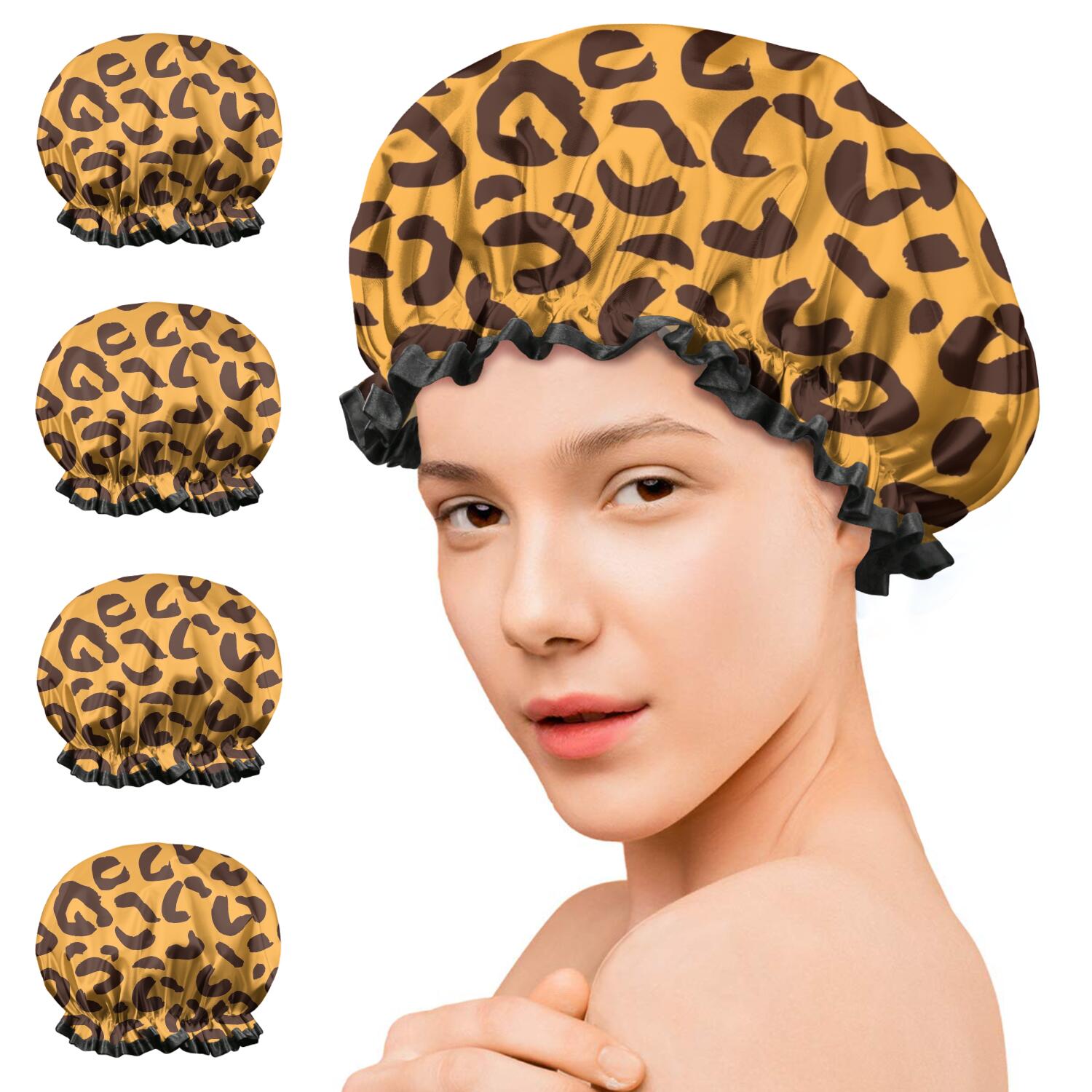Shower Caps,Yellow and Black Of Leopard Print Waterproof Shower Cap for Women 4 Pieces,Double Reusable Hair Cover for Shower PEVA Elastic Stretch Hem