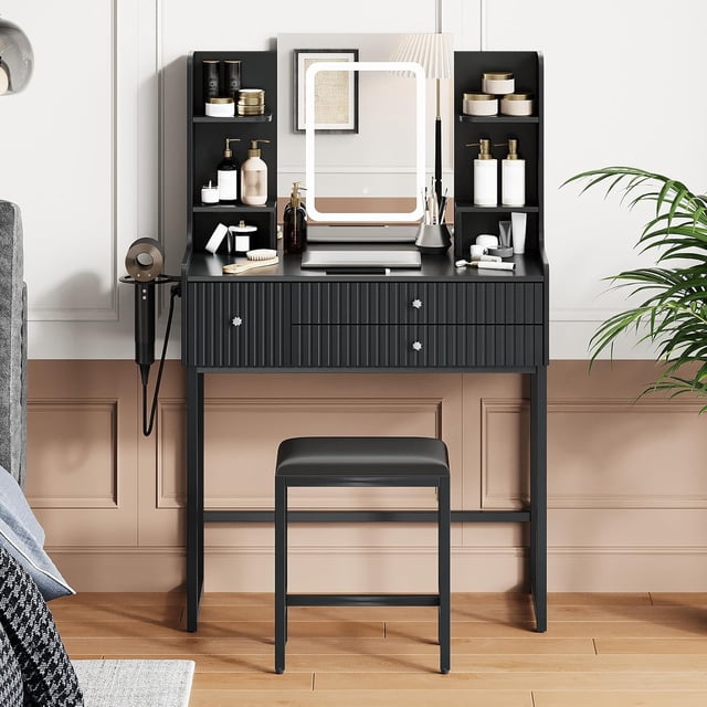 Fluted Makeup Vanity Desk Set with Lighted Mirror & Stool, 3 Color Adjustable Lights, Built-in Power Outlet, 3 Drawers and 4 Storage Shelves, Modern Dressing Table for Bedroom
