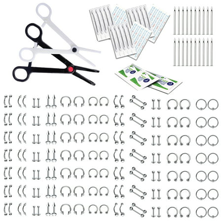 200PC Body Piercing Kit Lot 14G 16G Belly Ring Labret Tongue Tragus Barbells Basic