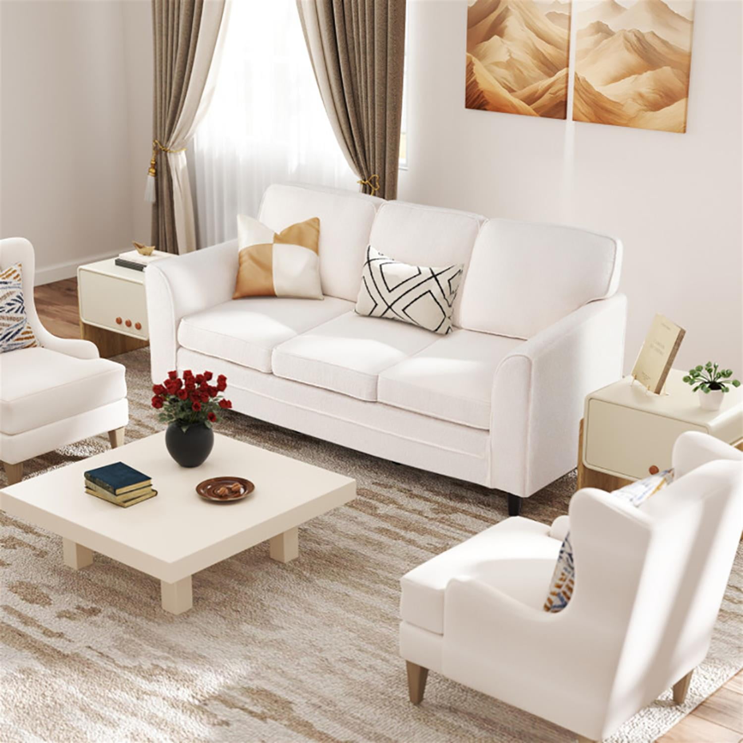 Demi Bonn 3-Seat Sofa for Living Room, Modern Comfy Sofa with Comfy Back Pillows, Upholstered Teddy Velvet Couches for Small Space, Apartment, White