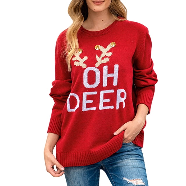 Chandail de Noël à Manches Longues pour Femmes Automne et Hiver avec Lettres et Cloche, Col Rond