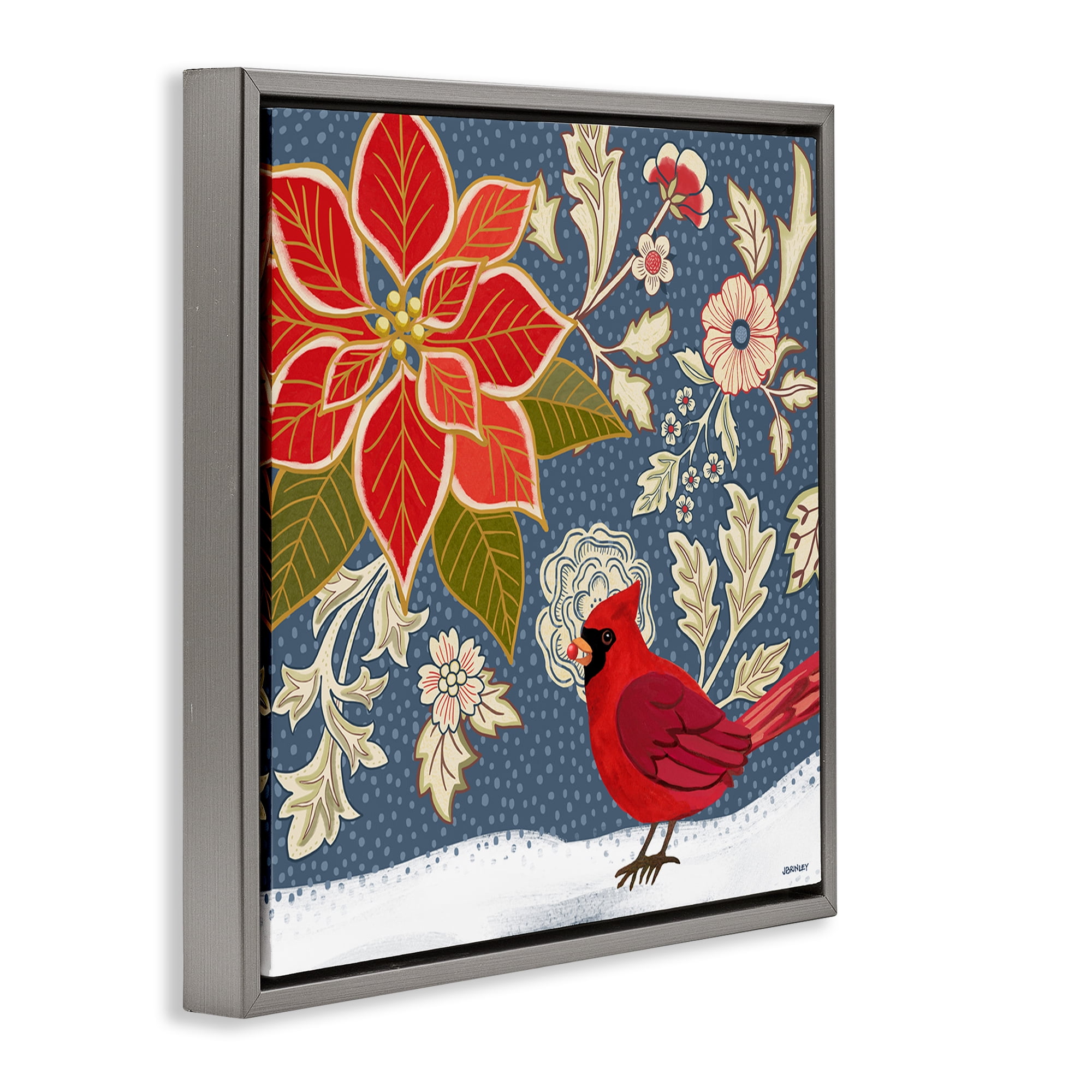 Stupell Industries Winter Cardinal in Snow Animals & Insects Painting Gray Floater Framed Canvas Art Print Wall Art, 18 x 18