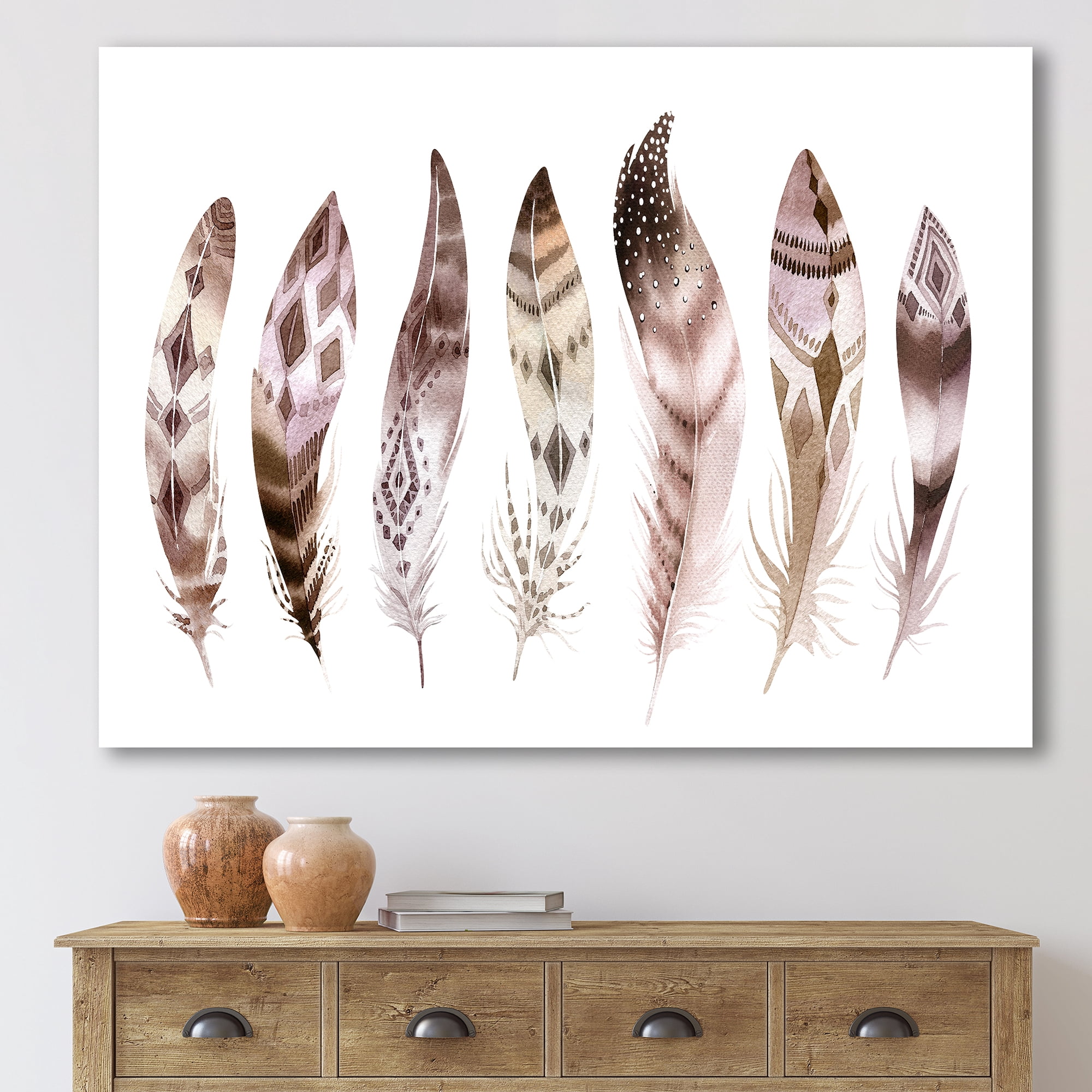 Colourful Boho Art Feather Set X 8 in x 12 in Painting Canvas Art Print, by Designart