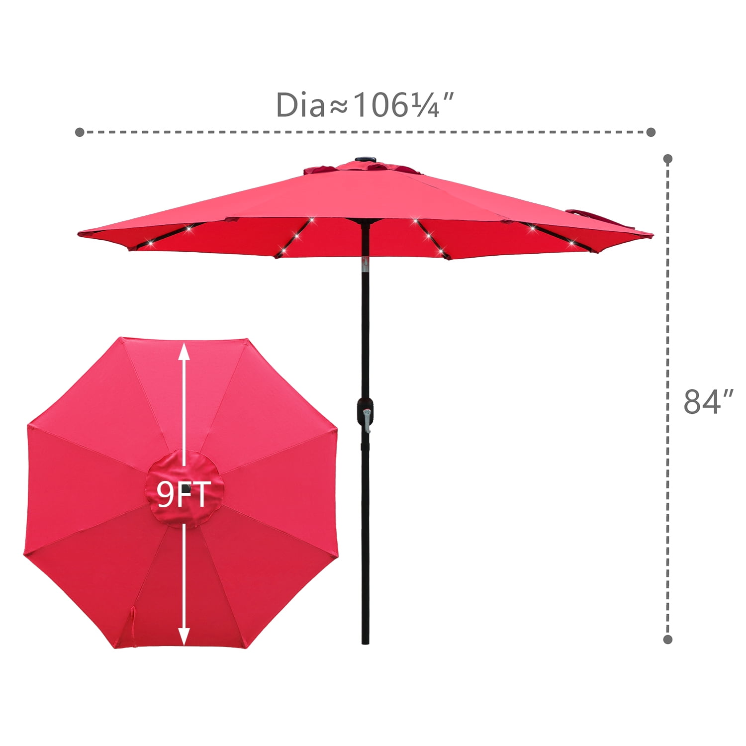 Abble 9ft Solar LED Lighted Patio Umbrella, Table Market Umbrella, Outdoor Umbrella for Garden, Deck, Backyard, Pool and Beach, Red