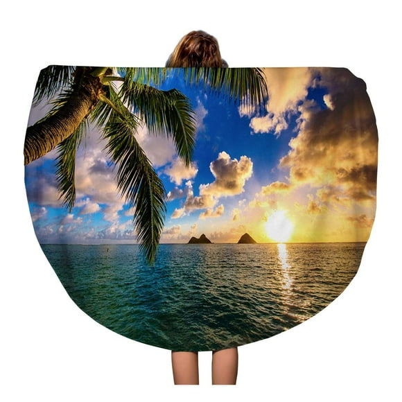 NUDECOR 60 inch Round Beach Towel Blanket Love Beautiful Lanikai Kailua Sunrise in Hawaii Aloha Beach Travel Circle Circular Towels Mat Tapestry Beach Throw