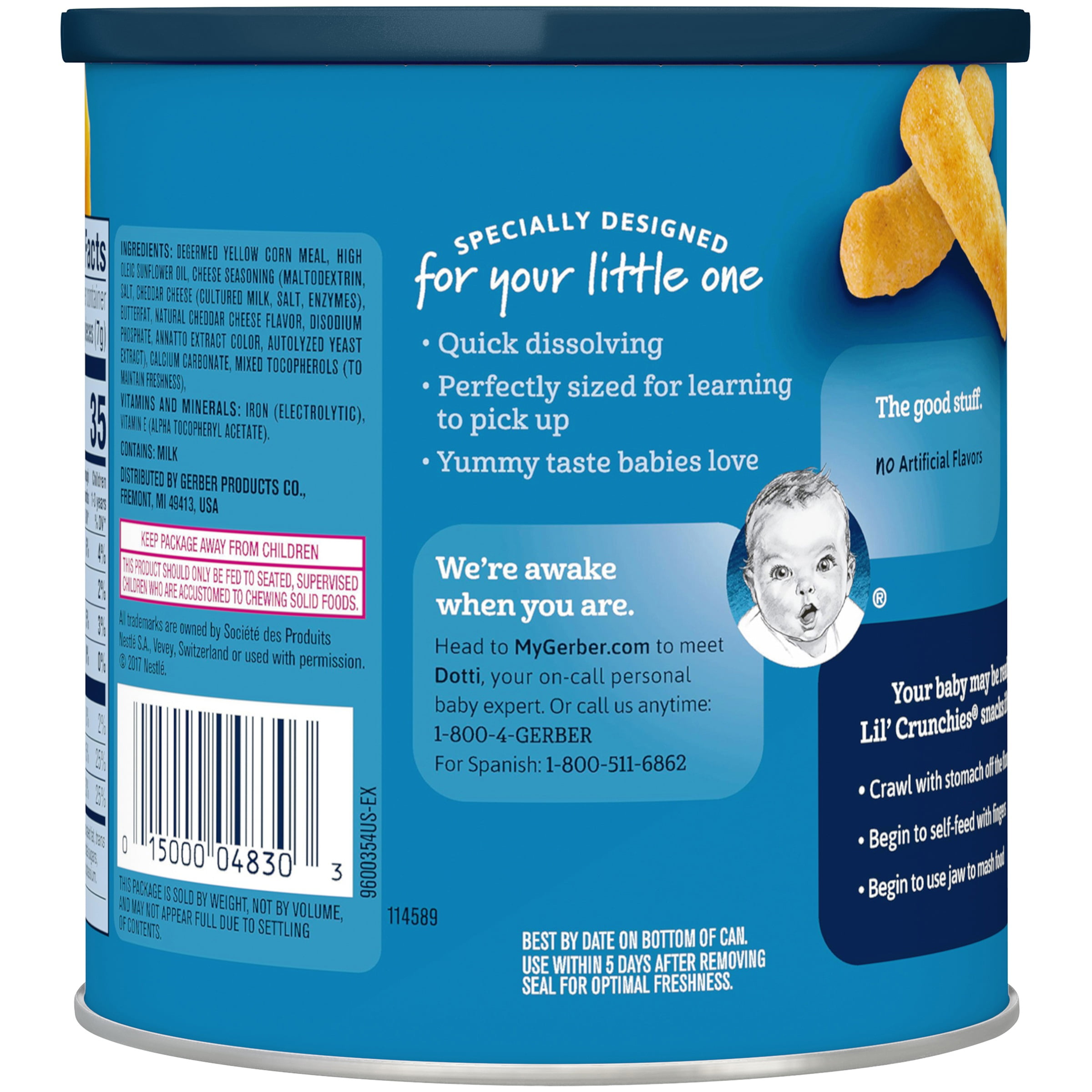 Gerber Lil' Crunchies Baked Corn Snack, Mild Cheddar, 1.48 oz. Canisters (Pack of 6)