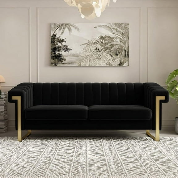 Black Velvet Loveseat Sofa Couch, 84" Luxury Large Sectional Sofa Couch with Gold Metal Legs for 3-4 Persons, Mid-Century Modern Sofa, Chesterfield Sofa Couch for Living Room Bedroom