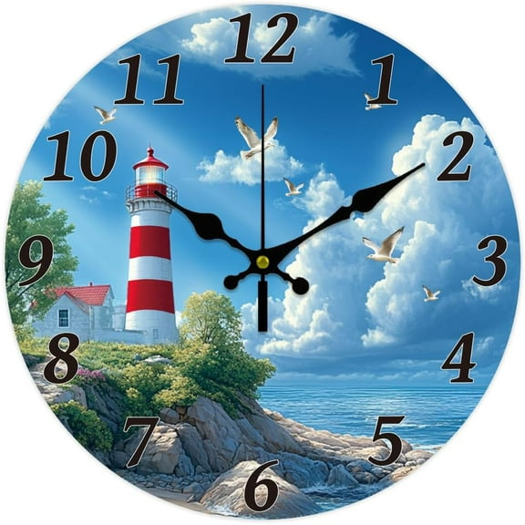 Ocean Lighthouse Wall Clock 12 Inch Battery Operated Wall Clock Non Ticking Silent Decorative Clock
