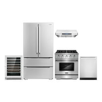 Cosmo 5 Piece Kitchen Appliance Package with 30" Freestanding Gas Range 30" Under Cabinet Range Hood 24" Built-in Fully Integrated Dishwasher French Door Refrigerator & 48 Bottle Wine Refrigerator