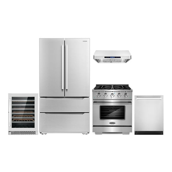 Cosmo 5 Piece Kitchen Appliance Package with 30" Freestanding Gas Range 30" Under Cabinet Range Hood 24" Built-in Fully Integrated Dishwasher French Door Refrigerator & 48 Bottle Wine Refrigerator