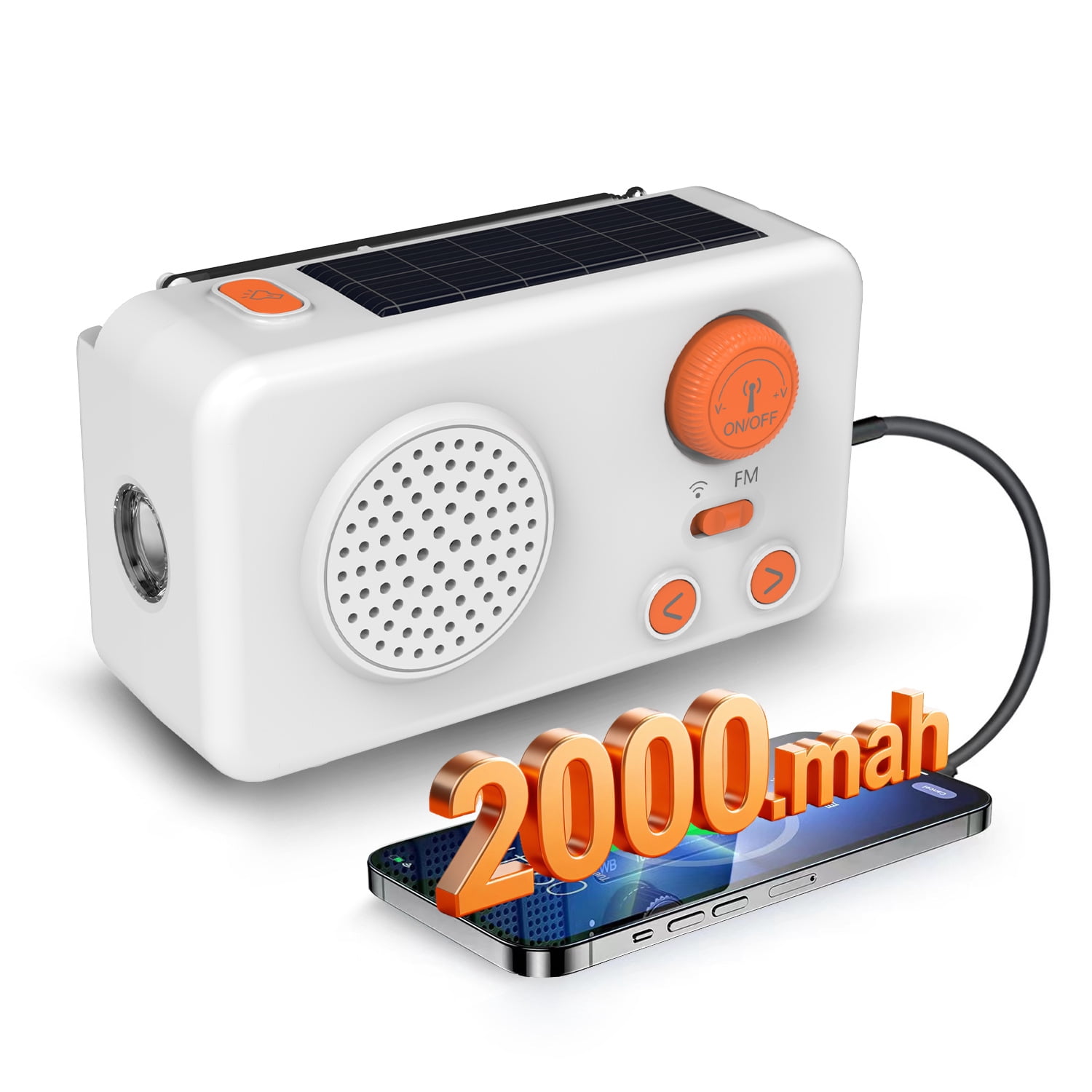 Solar Emergency Radio with Hand Crank and Power Bank, Portable Bluetooth Speaker with Flashlight, USB Rechargeable Weather Radio for Outdoor Camping and Survival, 4.6" x 2.3", Alabaster White