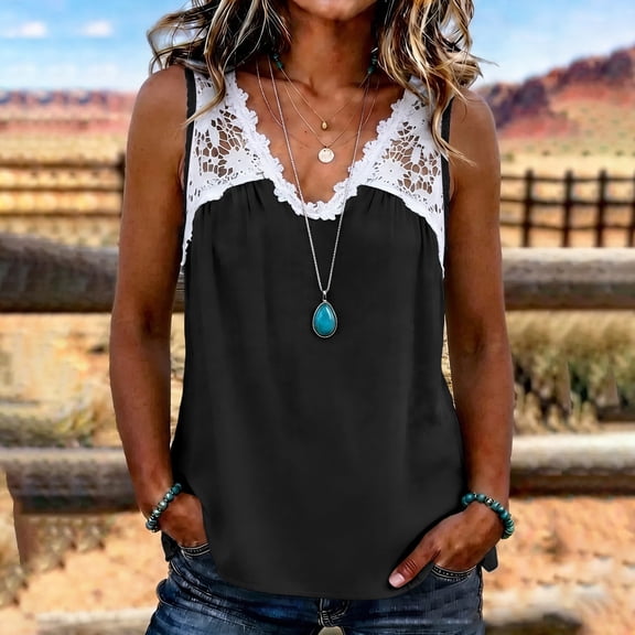 ClodeEU Women's Lace Trim V Neck Sleeveless Tank Top, Casual Loose-Fit Blouse, Soft Summer Cami with Lace Black,Women's Plus L