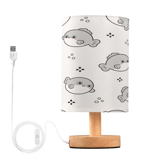 Grey Pufferfish Table Lamp, Fully Dimmable Nightstand Lamp with USB and Linen Fabric Shade, Modern Gifts for Bedroom, Living Room, Office