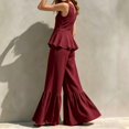 thumbnail image 5 of Womens Casual Two Piece Outfit V Neck Sleeveless Button Peplum Top High Waist Ruffle Hem Wide Leg Pants Solid Color Elegant Set Wine S(S), 5 of 6