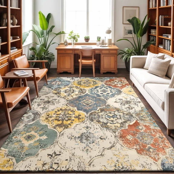 Large Area Rugs 6'x9', Vintage Boho Carpet Runner Indoor Outdoor Rugs Home Decor Aesthetic, Chic Farmhouse Neutral Morocco Geometric Non Slip Mats Washable Accent Rug for Living Room Bedroom