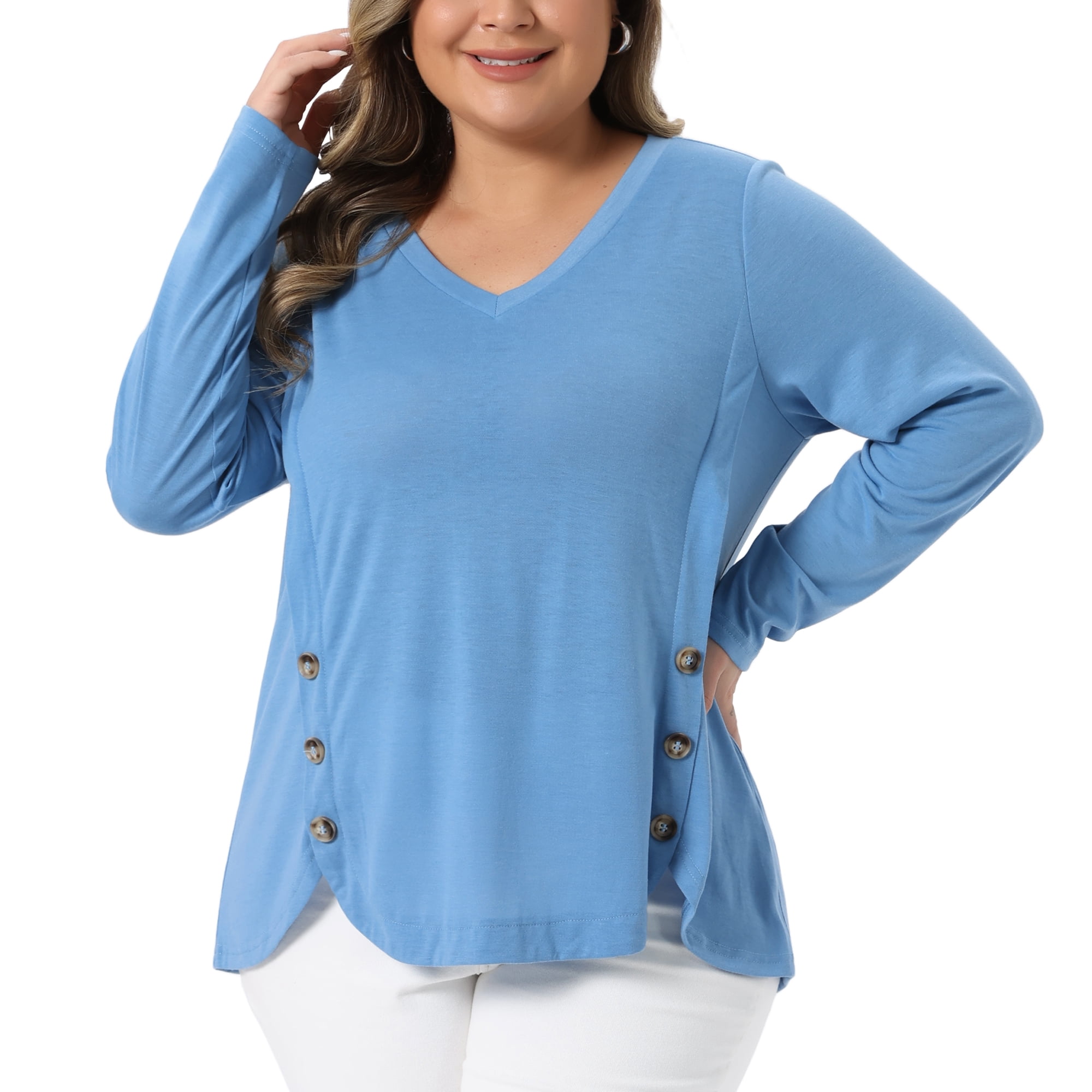 DARING DIVA Women's Plus Size Long Sleeve Button Side Swing Blouses 4X Gray Blue