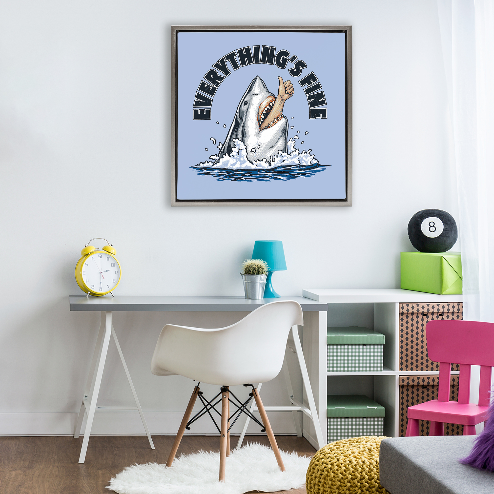 Everything's Fine Shark Bite Gray Framed Floater Canvas Wall Art, design by Jedco Brands Inc.