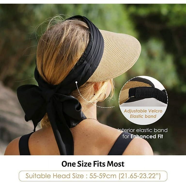 UPF 50 Women's Packable Straw Visor Hat, Wide Brim, Foldable