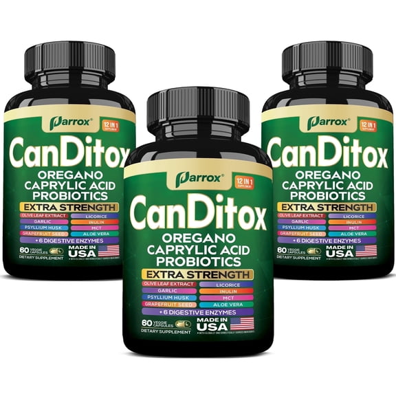 Parrox CanDitox Capsules, Oregano, Caprylic Acid, Garlic, Olive Leaf, Psyllium Husk, Licorice, Probiotics, Inulin, Aloe Vera, MCT Oil, Grapefruit Seed, Digestive Enzymes, Bromelain, Lipase (3 Pack)