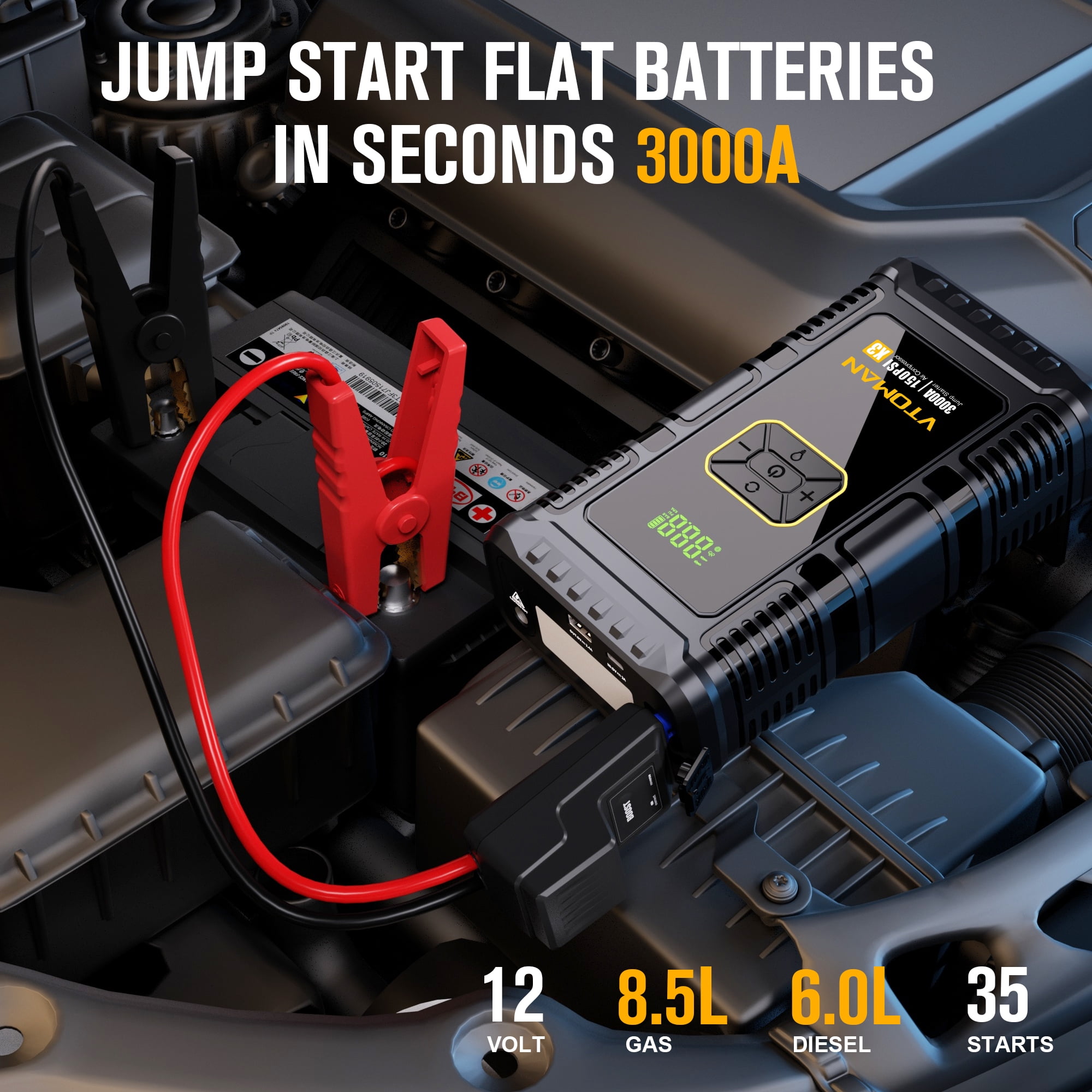 VTOMAN X3 Jump Starter with Air Compressor, 3000A Car Battery Jumper Starter (Up to 8.5L Gas/6L Diesel Engine) with 150PSI Auto Tire Inflator, 12V Portable Booster Pack, Lithium Jump Box Charger