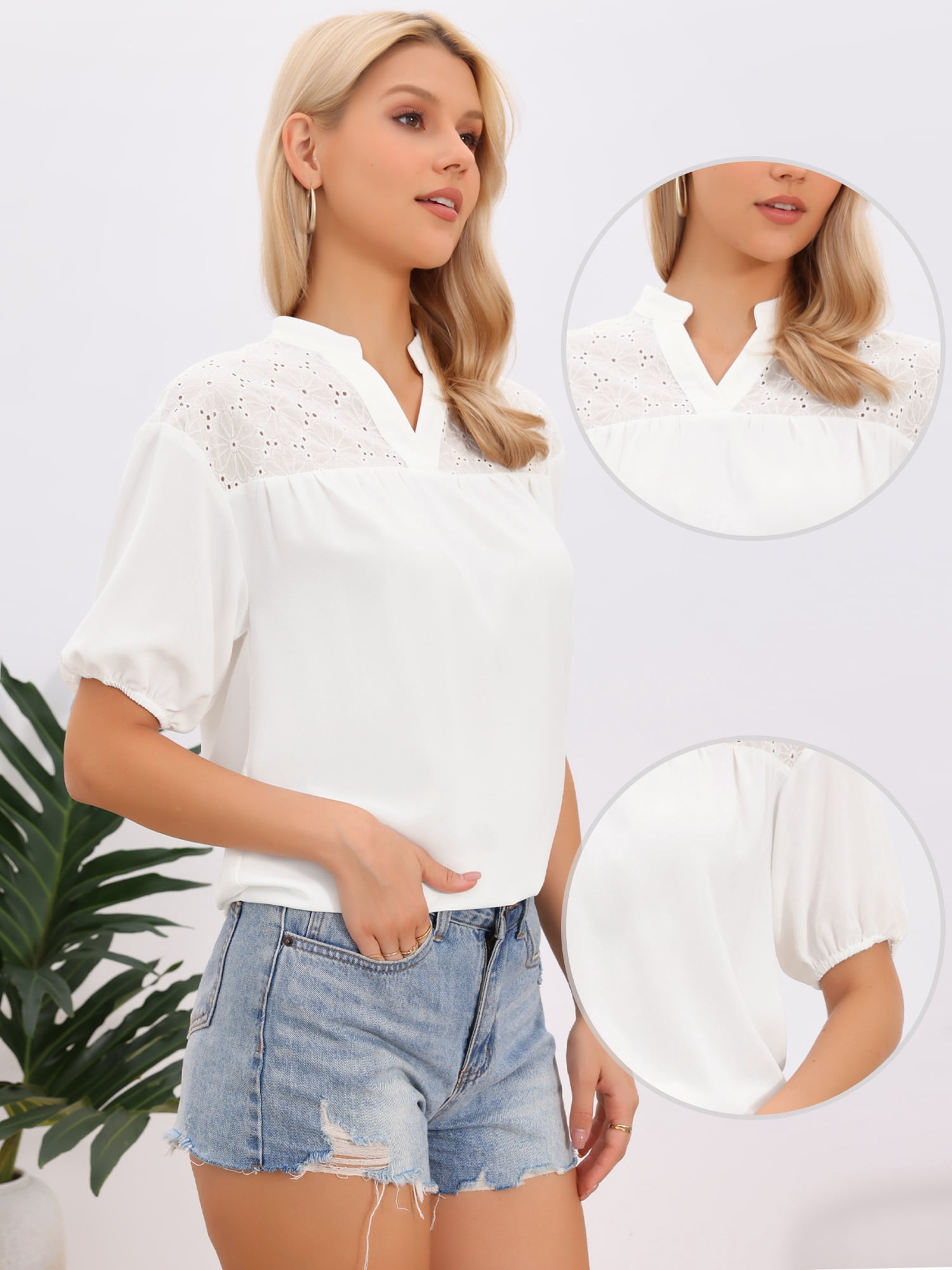 DARING DIVA Women's Eyelet Blouse Short Sleeve V Neck Embroidery Dressy Tops XS White