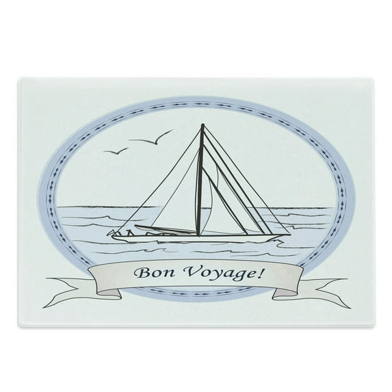 Going Away Party Cutting Board, Bon Voyage Journey in Ocean Vintage Travel Card Inspired Print, Decorative Tempered Glass Cutting and Serving Board, Large Size, Pale Blue White Lilac, by Ambesonne