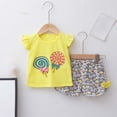 thumbnail image 3 of Lopeceal Toddler Girls Cute 2 Piece Outfits Lollipop Print Crew Neck Ruffle Sleeve with Bowknot Small Floral Print Shorts 2-9Y, 3 of 5