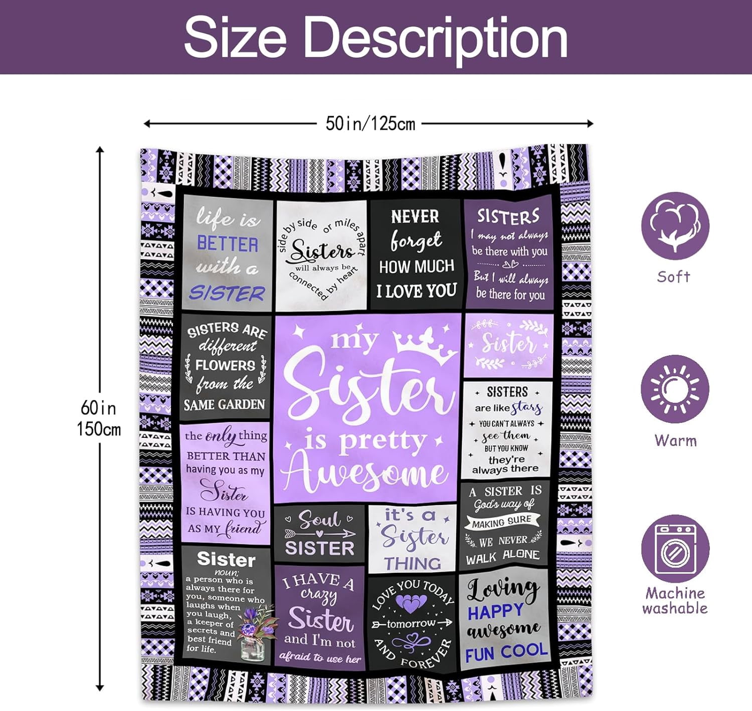 Sister Gifts, Sister Birthday Gifts from Sister, Bestie Gifts for Women, Best Friend Birthday Gift for Women, Big Sister Gift from Little Sister Blanket 60” x 50”, Sister Valentines Gifts