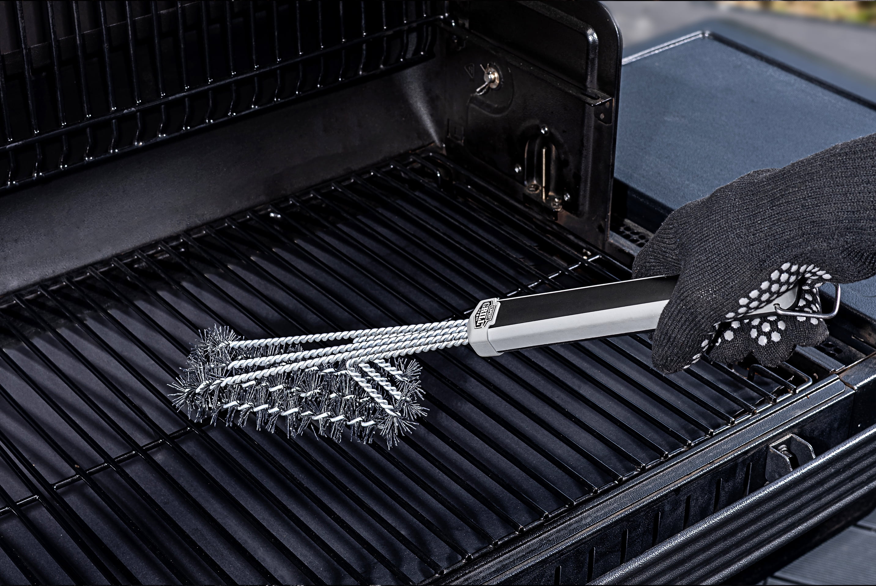 Expert Grill Stainless Steel and Nylon 3-Head Grill Brush, Black & Gray