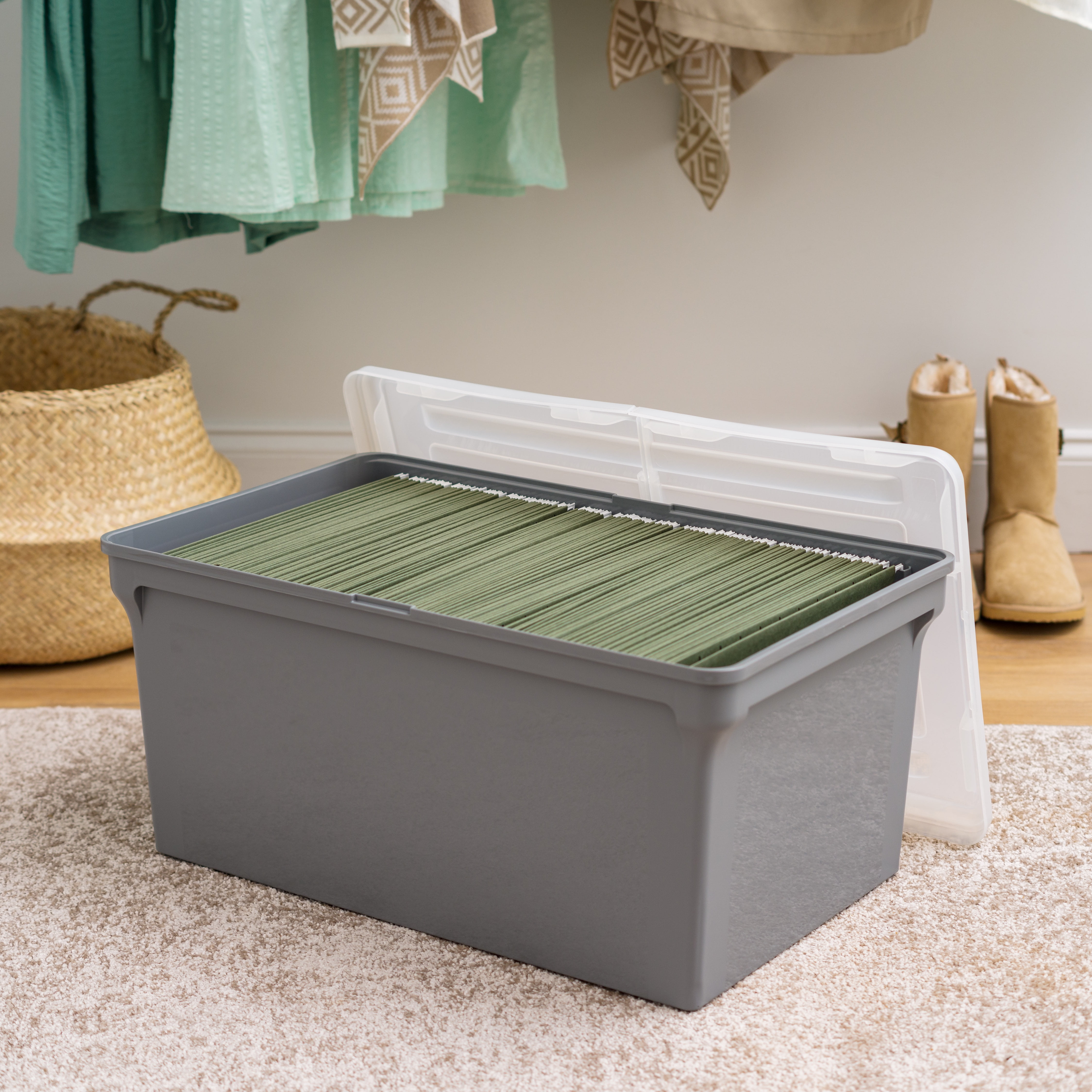 IRIS Split Lid Plastic Storage Bins/ File Boxes 22.8" L x 13.74" W x 10.75" H, Gray, Set of 4