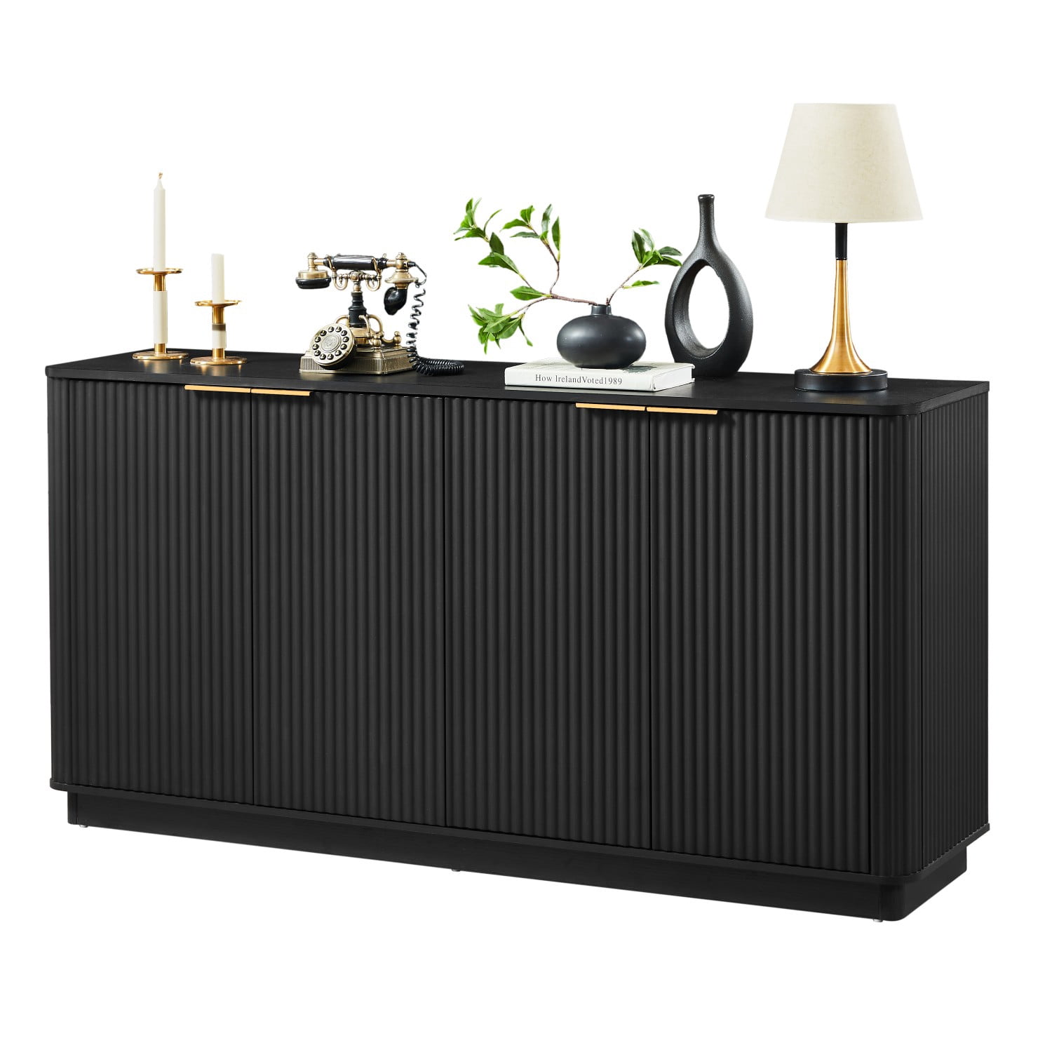 63" Buffet Cabinet with Storage, Black Sideboard Cabinet with 4 Doors, Curved Wave TV Stand Credenza Console Cabinet for Living Room, Dining Room, Bedroom, Hallway