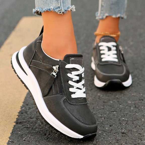 KANG Fashion Women's Fashion Platform Lace-Up Sneakers, Leather Upper Ankle Booties, Side Zipper Slip-On Thick Sole Comfort Shoes for Everyday Wear Black 36