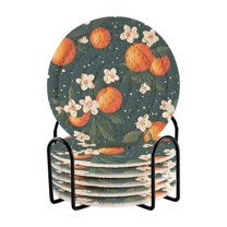 Yayeee 6 PCS Drink Coasters with Holder Set Woven Absorbent Round Tabletop Hot Pad, Blue Floral Oranges