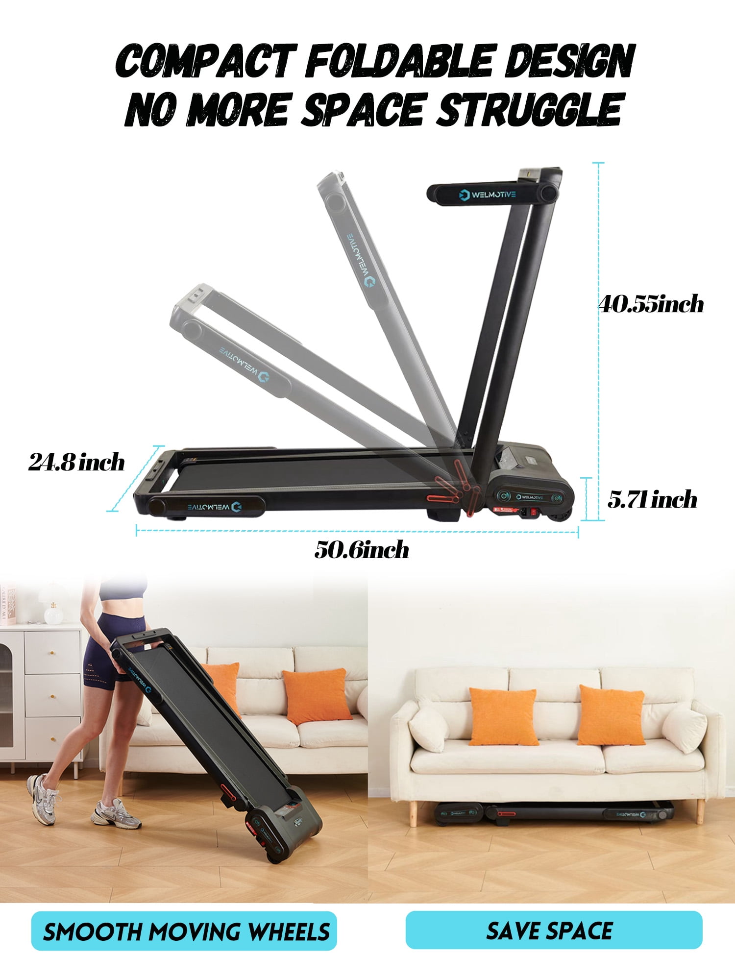 Welmotive Treadmill with Auto Incline Walking Pad Underdesk Foldable with Handlebar for Home Office Potable Compact Running Machine Caminadora Up to 13% 6 Levels Remote Control Indoor Fitness Black