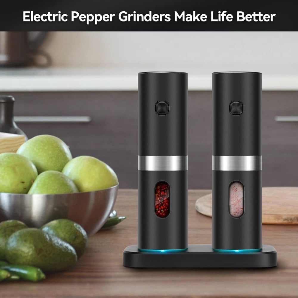 Electric Salt and Pepper Grinder Set, Automatic Salt & Pepper Mill Refillable with Rechargeable Base, USB Cables, 2 Adjustable Coarseness Mills, One Hand Operation, LED Light