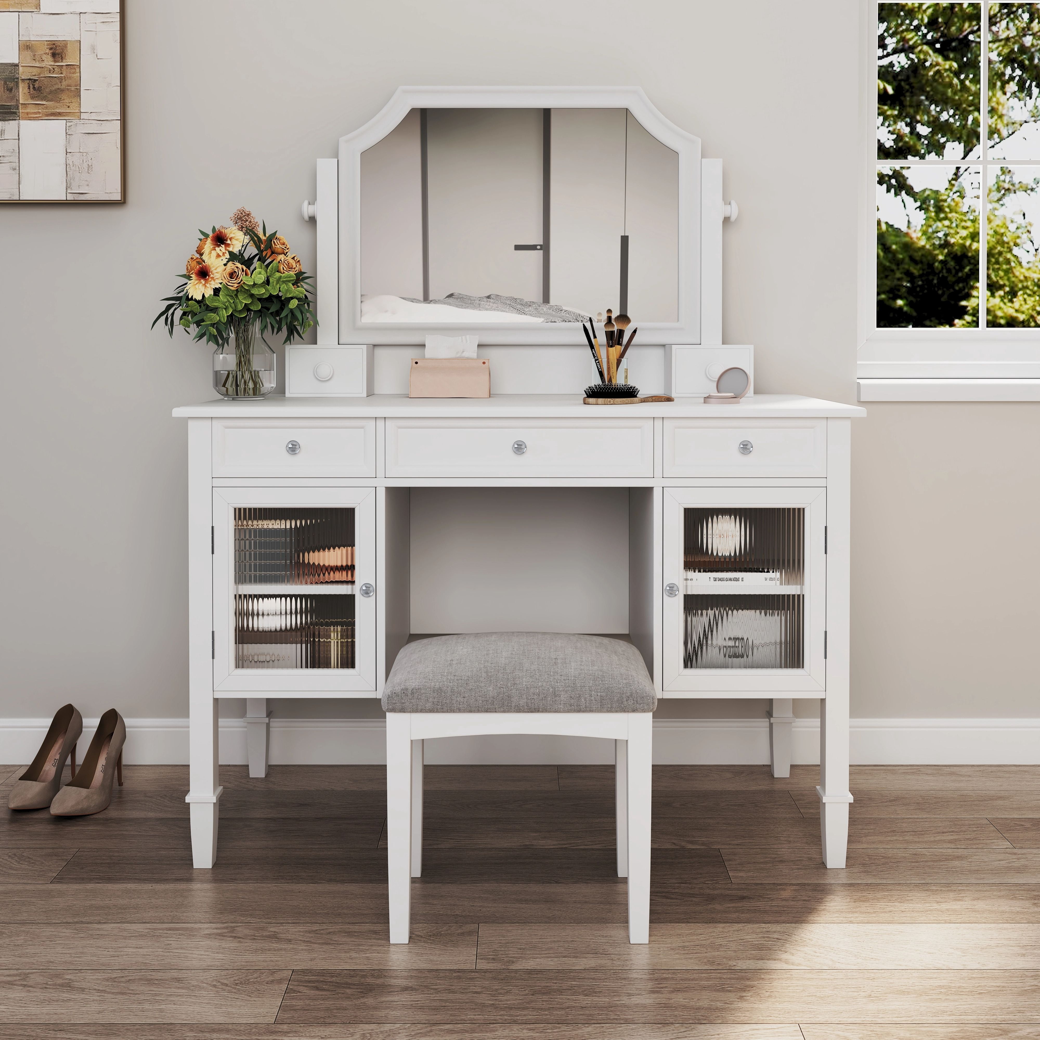 MODERNLUXE Makeup Vanity Desk with Mirror,Dressing Table Set with 5 Drawers, 2 Cabinets and Stool,Space-Saving Beauty Station for Bedroom,White