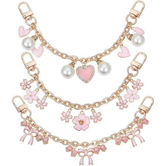 3Pcs 3 Styles Pink Purse Decoration Chain Enamel Bowknot & Flower & Pearl Heart Purse Chain Strap Replacement Extender