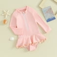 thumbnail image 2 of Bagilaanoe Toddler Baby Girl One-Piece Swimsuit Long Sleeve Zipper Rashguard Swimwear 1T 2T 3T 4T 5T 6T Kids Ruffle Bathing Suit, 2 of 7