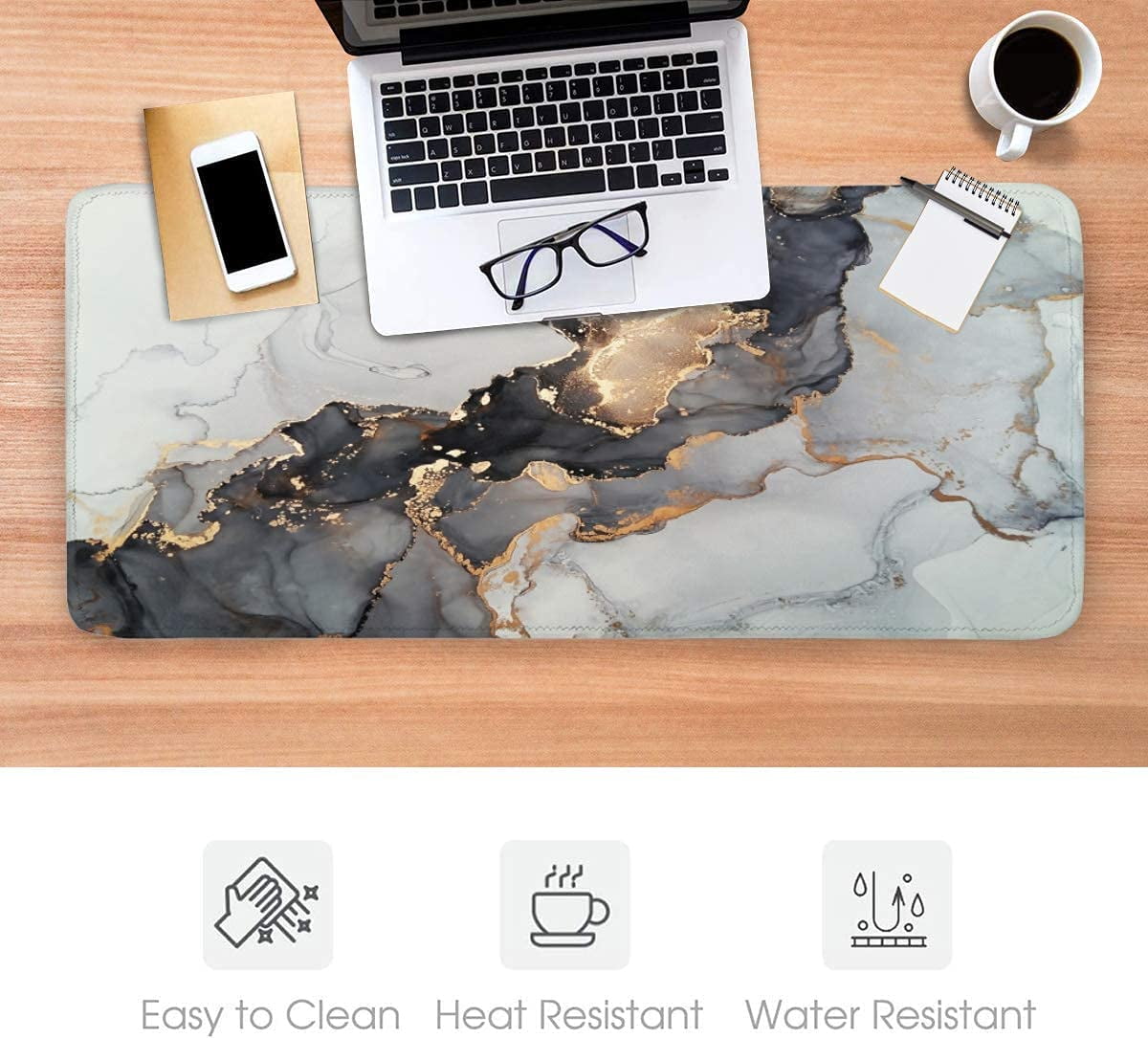 Gold Marble Extended Gaming Mouse Pad Non-Slip Rubber Base Large White Mousepad 35.4×15.7in with Stitched Edge Waterproof Thick Keyboard Pads Black Computer Desk Laptop Mats for Work Game Office