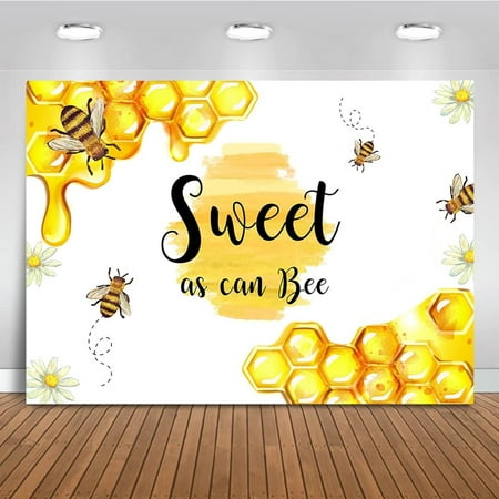 Image of Sweet as can Bee Backdrop Yellow Honeycomb Birthday Background Bumble Bees Beehive Birthday Party Cake Table Decoration Photo Booth Props (7x5ft)