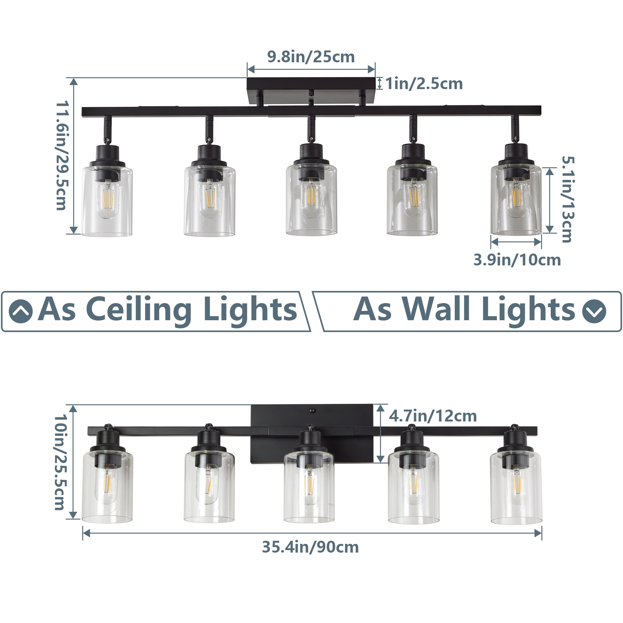 5-Light Track Lighting Kit Black Track Lighting Fixtures Bathroom Wall Sconces Ceiling Mount Kitchen Tracking Lights, Rotatable Spotlight with Clear Glass Shade for Kitchen Shop Hallway