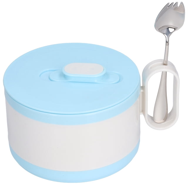 Tazón de ramen de acero inoxidable con doble aislamiento para fideos instantáneos con tapa para estudiantes trabajadores de oficina (tazón de comida rápida azul + cuchara 304)