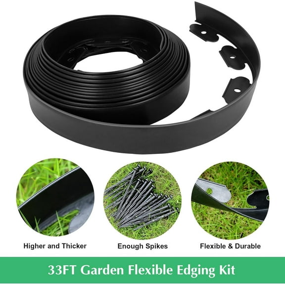 NefLaca Plastic Landscape Edging Kit, 2 inch x 33 Ft Garden Edging Border with Connectors, Hammer, Gloves and 30 Pcs Stakes for Garden Lawn Path Side-Black