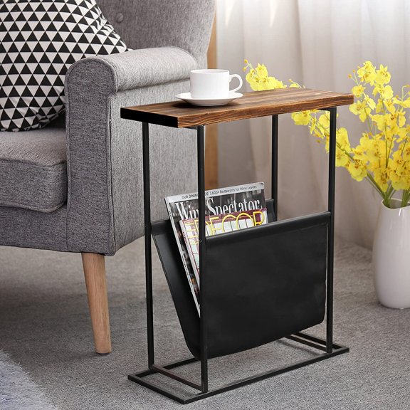 MyGift 21 inch Brown Wood and Black Metal Rectangular End Table